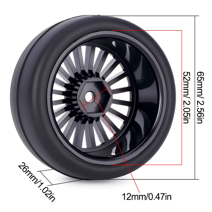 Fimonda RC Racing Wheels Reifen, 4-teiliges Set, 65*26mm, mit 12mm Sechskantfelgen - Bild 2