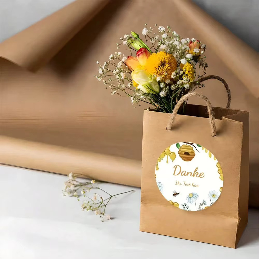 Personalisierte runde Dankesaufkleber mit Bienenstock-Design, Honigtropfen und weißen Gänseblümchen auf Premium-Papier, Farbe: Weiß - Bild 3