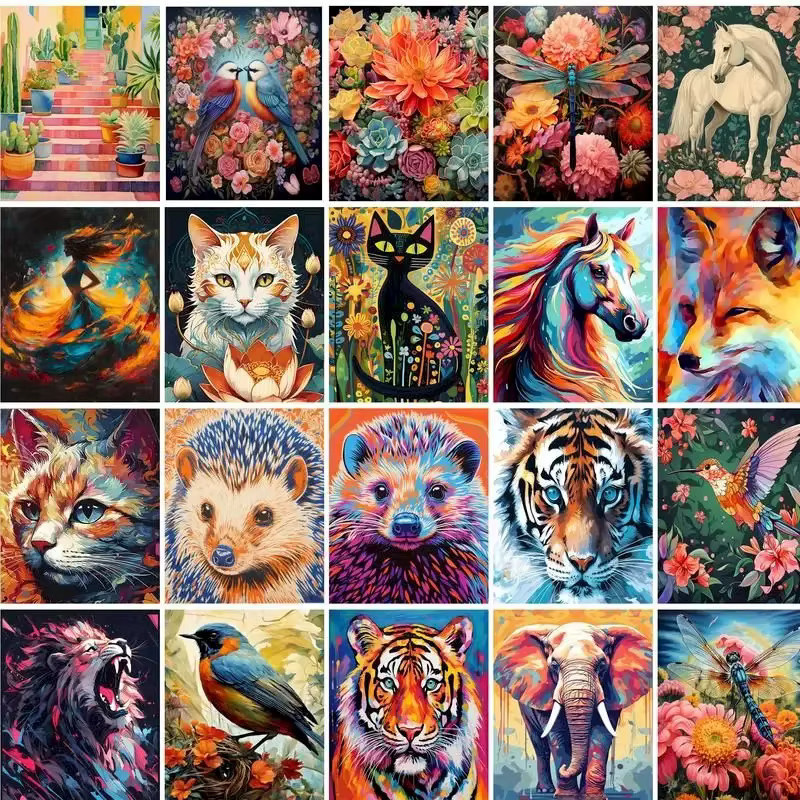 GATYZTORY Malen nach Zahlen Set mit bunten Tieren für Erwachsene, DIY Acrylfarben auf Leinwand in Multicolor und Gelb - Bild 3