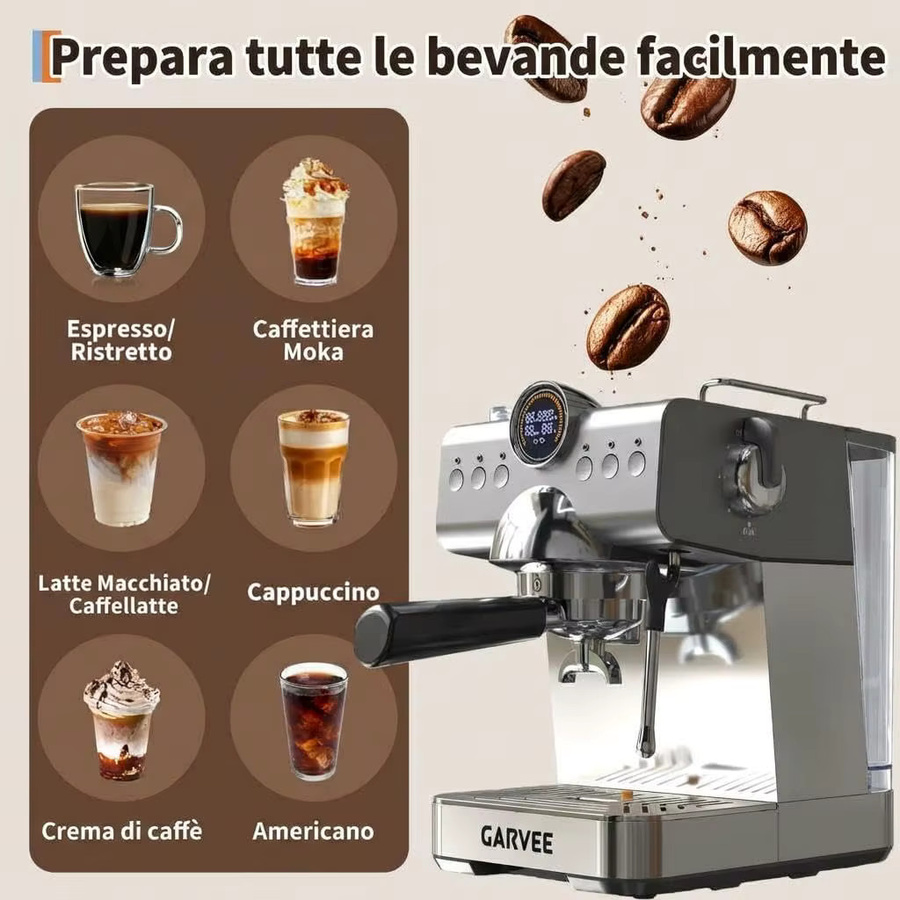 HiMISS Halbautomatische Italienische Kaffeemaschine in Silber mit 1450W, 20 Bar Druck, Milchaufschäumer, 1,5l Wassertank und LED-Display - Bild 6