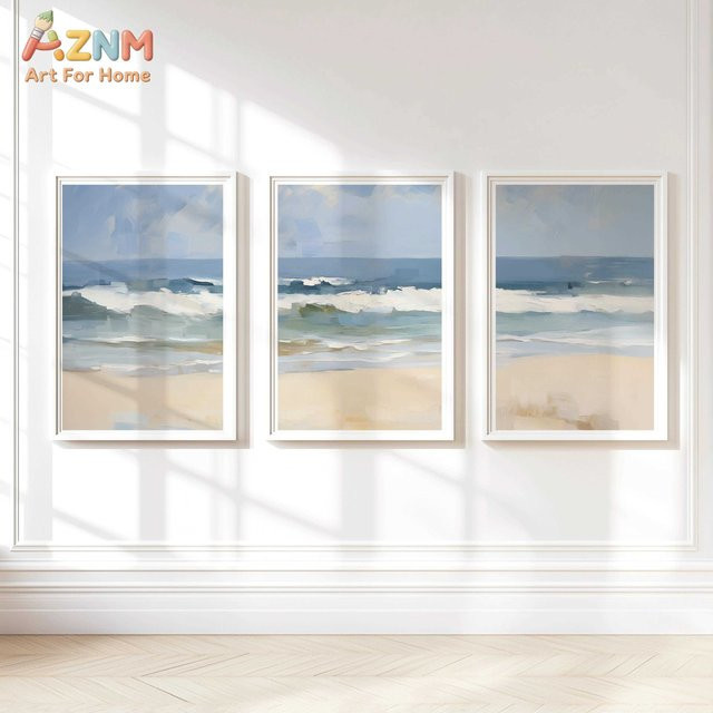 3-teiliges AZNM Leinwandbild mit blauen Meereswellen und Strandlandschaft, minimalistisches abstraktes Ölgemälde auf Leinwand - Bild 1