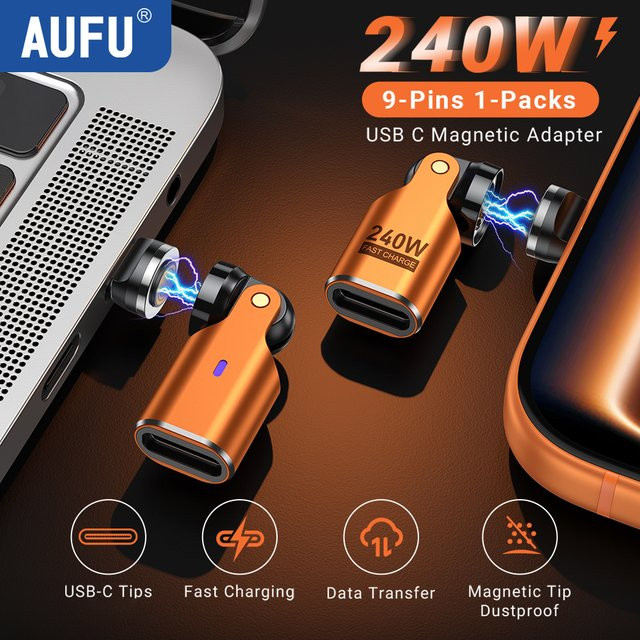 AUFU Magnetischer USB-C auf Typ-C OTG-Adapter mit PD 240W Schnellladefunktion für Macbook, Samsung und iPhone - Bild 1