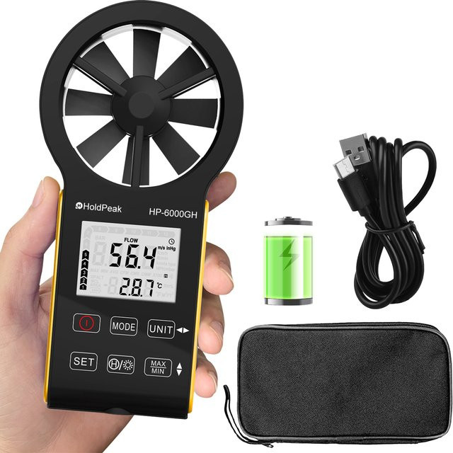 HoldPeak Digitales Anemometer mit Temperatur- und Luftstrommessung, IP67 wasserdicht, mit Hintergrundbeleuchtung und Typ-C-Aufladung - Bild 1