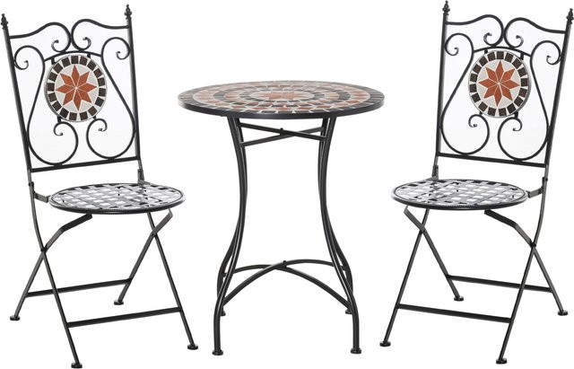 Outsunny Gartenset für 2 Personen mit rundem Mosaiktisch und 2 faltbaren Metallstühlen, mehrfarbig - Bild 1