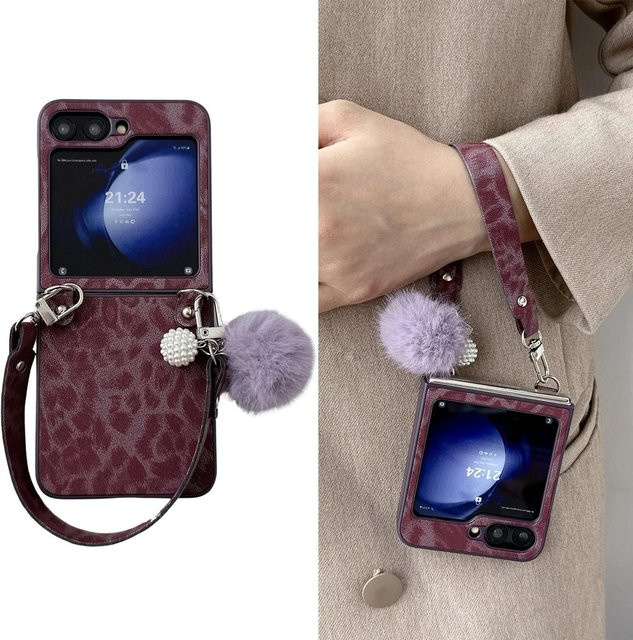 Handyhülle aus PU-Leder mit Leopardenmuster und silbernem Rand für Samsung Galaxy Z Flip 7 6 5 4 3 inklusive Handschlaufe - Bild 1