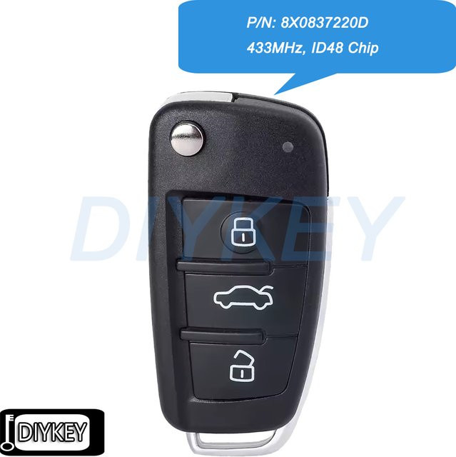 DIYKEY 3 Tasten Flip Remote Autoschlüsselanhänger mit 434 MHz ID48 Elektronischem Chip Ersatz für Audi A1 Q3 TT R8 in Schwarz P/N: 8X0 837 220D, 8X0837220D - Bild 1