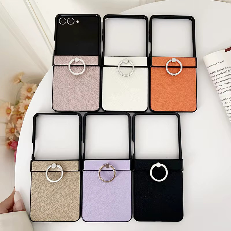Luxuriöse Litchi-Leder-Handyhülle für Samsung Galaxy Z Flip (Modelle Z Flip 3 bis Z Flip 8) mit drehbarem Metallringhalter in Pink - Bild 4