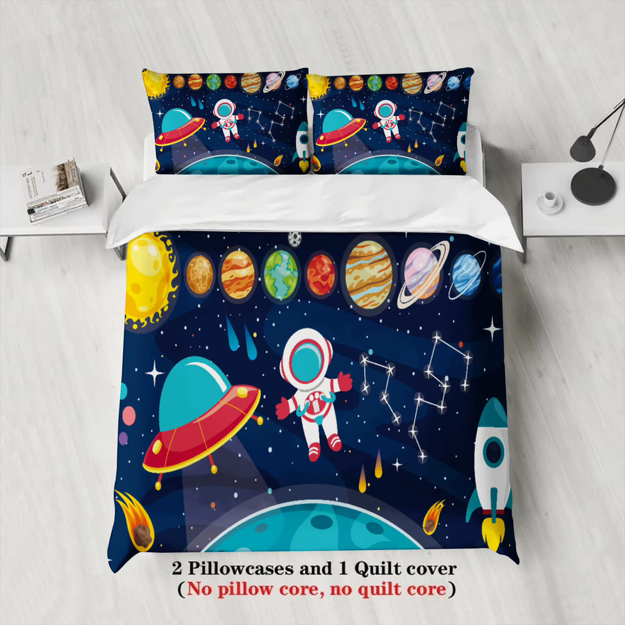 3-teiliges YHXSLY Bettwäsche-Set mit Weltraum-Astronauten-Motiv in Blau, bestehend aus Bettbezug und Kissenbezügen, B/H: 135 x 200 cm - Bild 3