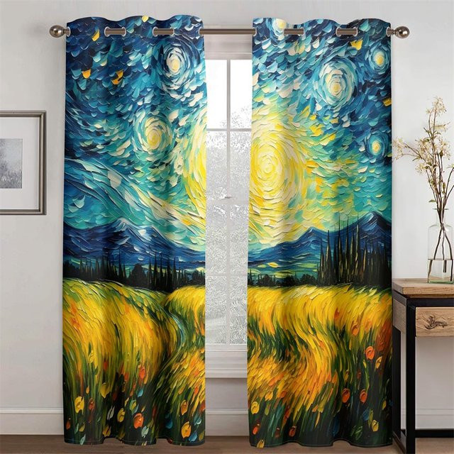Van Goghs Traumland Pastorale Ölgemälde Vorhänge Set aus Polyester, 2 Stück, Mehrfarbig, Breite: 110 cm, Höhe: 240 cm - Bild 1