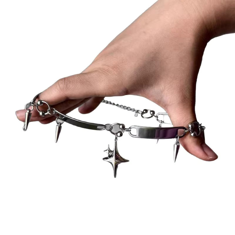 dawndesslo Choker, Stern-Nieten, Spike-Kreuz-Stern-Anhänger, Edelstahl, Silber, Damen - Bild 3