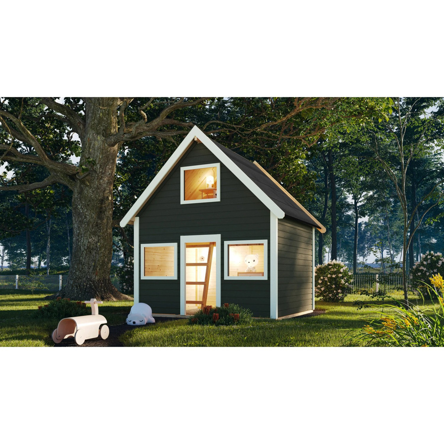 Karibu Kinderspielhaus Kalle aus Massivholz in Terragrau, B/H/T: 212,5 x 253 x 183,5 cm - Bild 2