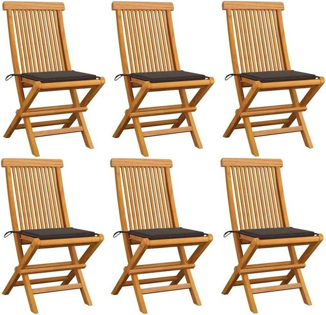 vidaXL Gartenstuhl-Set aus Teak-Massivholz mit Kissen, 6 Stück, Braun/Beige - Bild 1