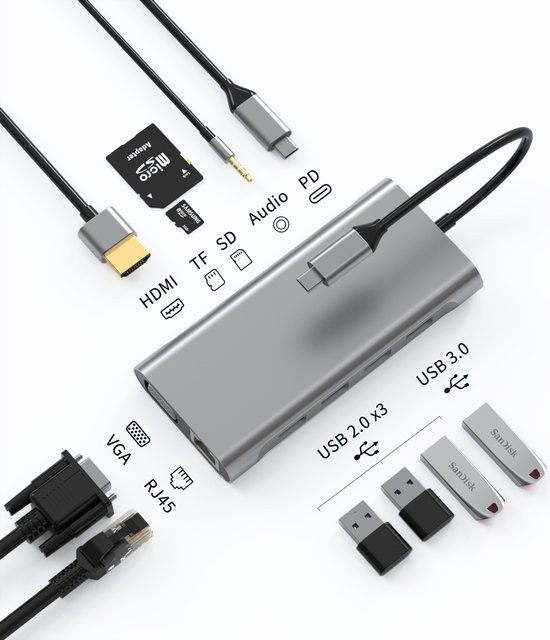 Basix USB-C Hub zu HDMI Adapter mit 4K Thunderbolt 3, TF und SD Kartenleser sowie PD-Ladefunktion für MacBook Air Pro M1 M2, Grau - Bild 1