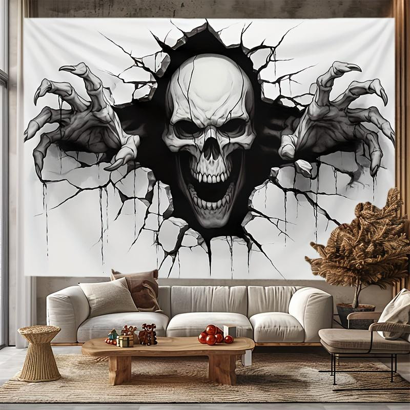 JMG Household Supplies Halloween Totenkopf Wandteppich mit 3D-Riss-Design in Schwarz-Weiß, Breite: 40 cm, Höhe: 60 cm - Bild 4