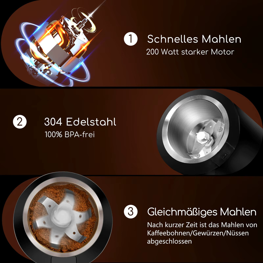 Aigostar Elektrische Kaffeemühle mit 200W in Schwarz, Multifunktionale Gewürzmühle mit einstellbarem Mahlgrad und 60g Fassungsvermögen für Kaffeebohnen, Nüsse, Gewürze und Getreide, BPA-frei - Bild 3