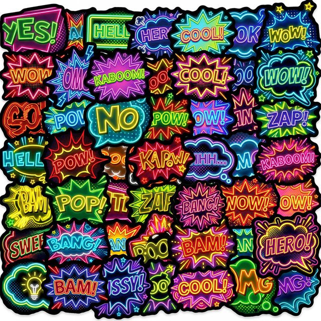 Rspctou Neon-Style Pow Wow Boom Bang Cartoon-Aufkleber, 10/30/50 Stück - Bild 1