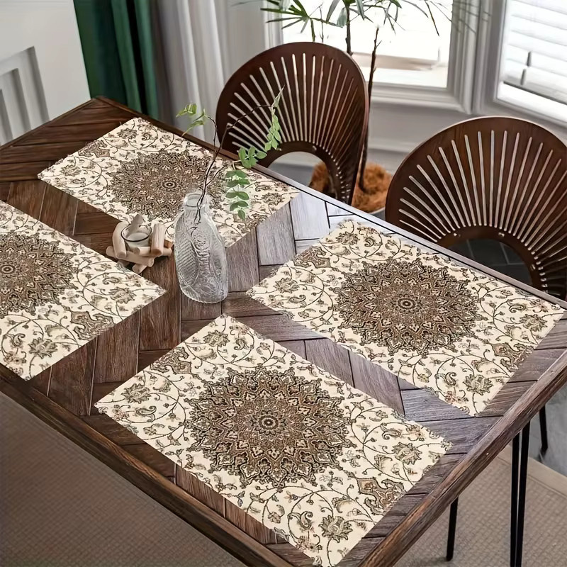 VIKAMA 4-teiliges Tischset-Set aus Leinen in Beige mit floralem Vintage-Muster, rechteckig und wasserabweisend - Bild 2