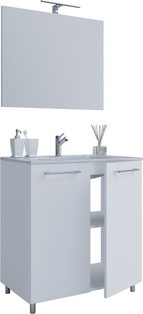 VCM Badmöbel Set 3-tlg. in Weiß mit Keramik Waschbecken, Spiegel und freistehendem Unterschrank, B/H/T: 80 x 86 x 46 cm - Bild 1