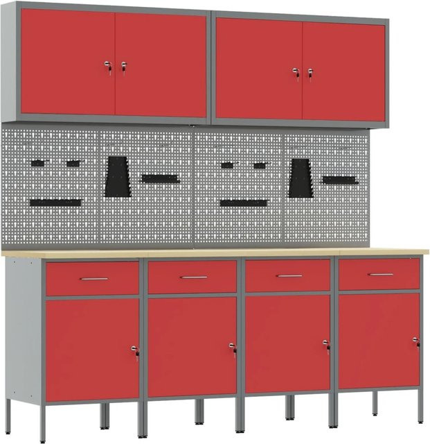 vidaXL Werkbank mit Schubladen und Pegboard aus Holz und Stahl, Rot - Bild 1