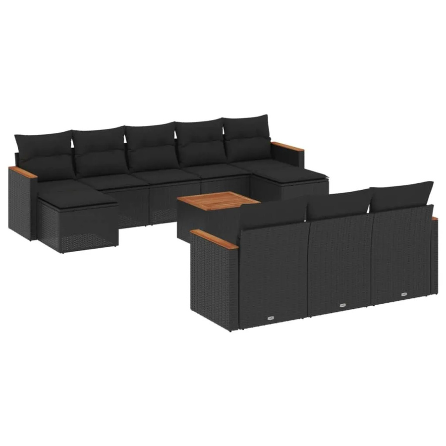 vidaXL 11-tlg Garten-Sofagarnitur aus Poly-Rattan und Akazienholz in Schwarz mit Kissen - Bild 2