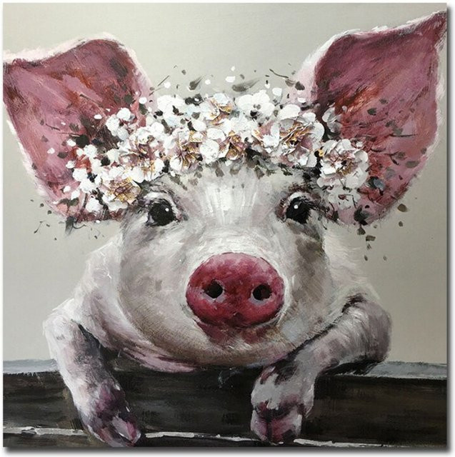 TPFLiving Poster Leinwand Motiv Nettes Schwein mit Blumen, Mehrfarbig, B/H: 80 x 80 cm - Bild 1
