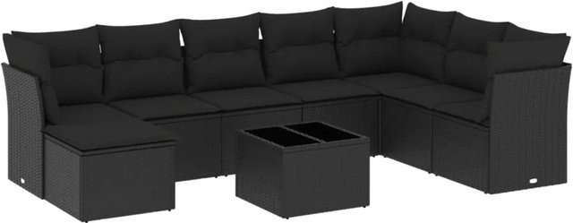 vidaXL 9-tlg. Garten-Sofagarnitur in L-Form aus Poly-Rattan mit Kissen in Schwarz - Bild 1