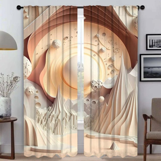 Elegante Verdunkelungsvorhänge mit Landschaftskunst-Motiv in Beige, 2er-Set, Breite: 50 cm, Höhe: 70 cm - Bild 1
