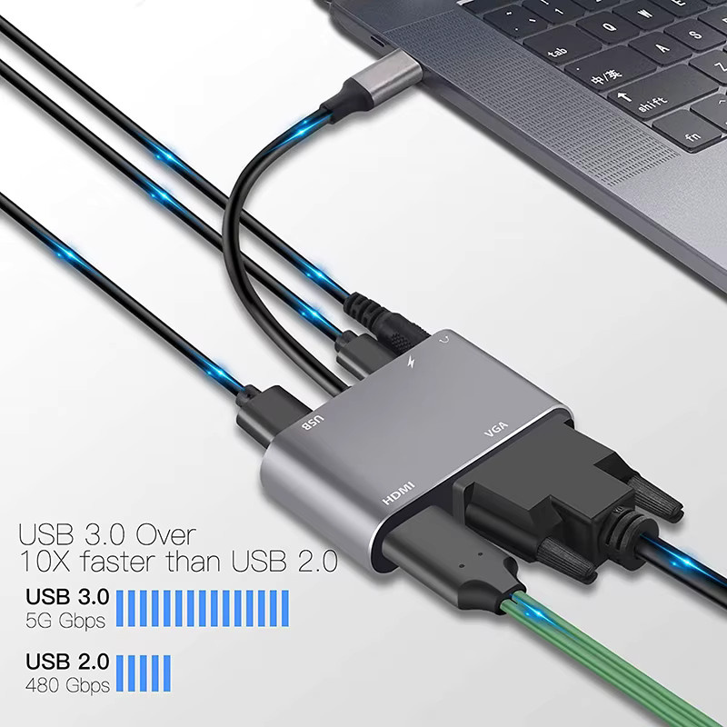 OULLX USB C Hub 4 in 1/5 in 1 Typ C Adapter mit HDMI 4K UHD, VGA und USB 3.0 sowie PD Schnellladefunktion in Grau - Bild 3