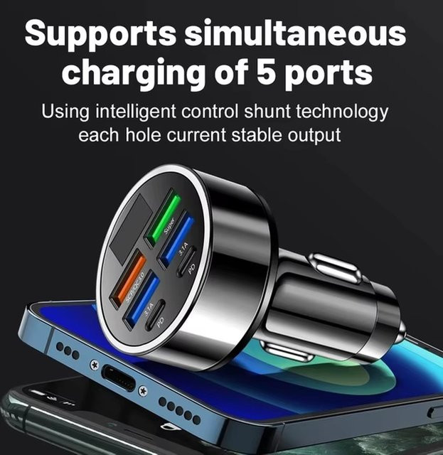 UYUXIO 6-in-1 USB-C Autoladegerät mit Spannungsanzeige und Voltmeter in Schwarz für iPhone 17 16 und Samsung - Bild 1