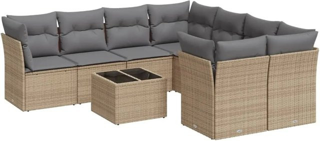 vidaXL 9-teilige Garten-Sofagarnitur in U-Form aus Poly-Rattan in Beige mit Kissen und Gartentisch - Bild 1