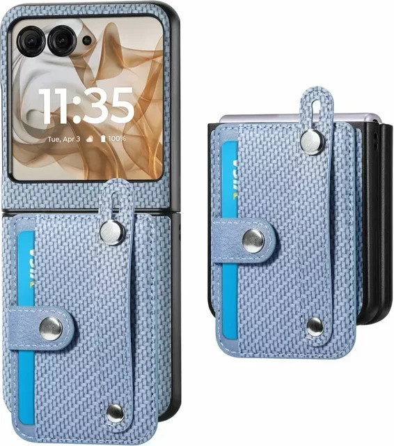 Motorola Razr 60 50 40 Ultra Schutzhülle aus Leder mit Carbon-Faser-Muster, Kartenfach und Handgelenkriemen in Blau - Bild 1