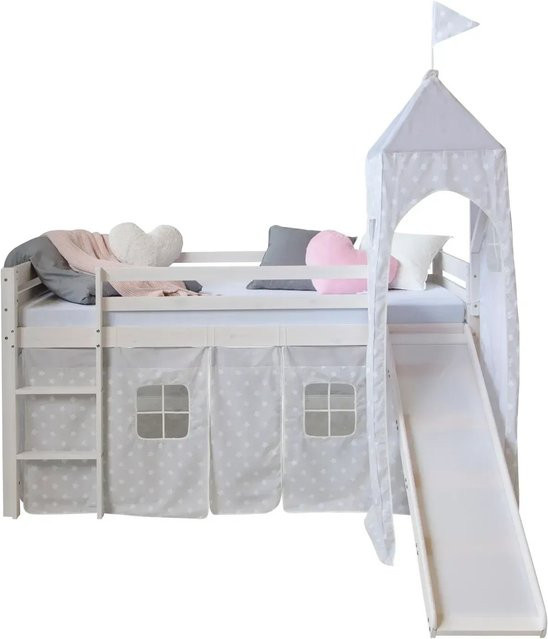Homestyle4u Kinder Hochbett aus Kiefernholz mit Rutsche, Turm und Vorhang in Weiß mit Sternen-Design, B/T/H: 207 x 90 x 188 cm - Bild 1