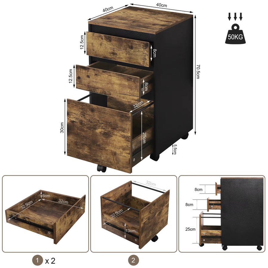 WOLTU Mobiler Aktenschrank in Eiche für Hebelordner mit 3 Schubladen und Rollen, B/T/H: 40 x 70 x 40 cm - Bild 4