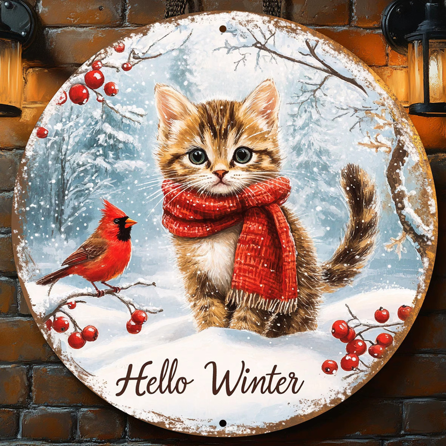 Vintage Wandkunstschild aus Aluminium von Potdemiel mit Weihnachtskatze und Kardinal, runde Winterszene, Mehrfarbig, Durchmesser: 20,32 cm - Bild 3