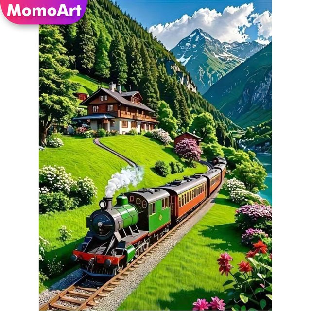 Momoart Diamantmalerei Zug-Landschaft DIY Diamant-Mosaik mit runden Steinen in Multicolour - Bild 1