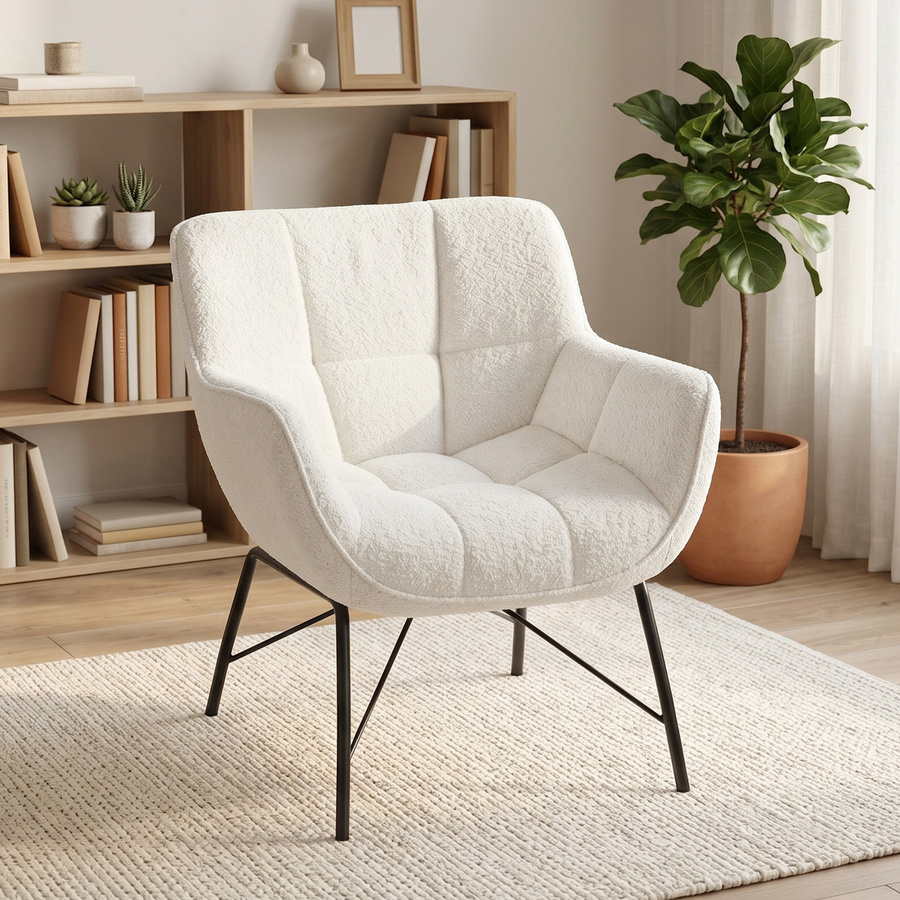 HOMCOM Loungesessel mit Sherpa-Fleece-Optik in Cremeweiß, moderner Polster-Relaxsessel mit Armlehnen und Stahlbeinen für Wohnzimmer und Schlafzimmer - Bild 2