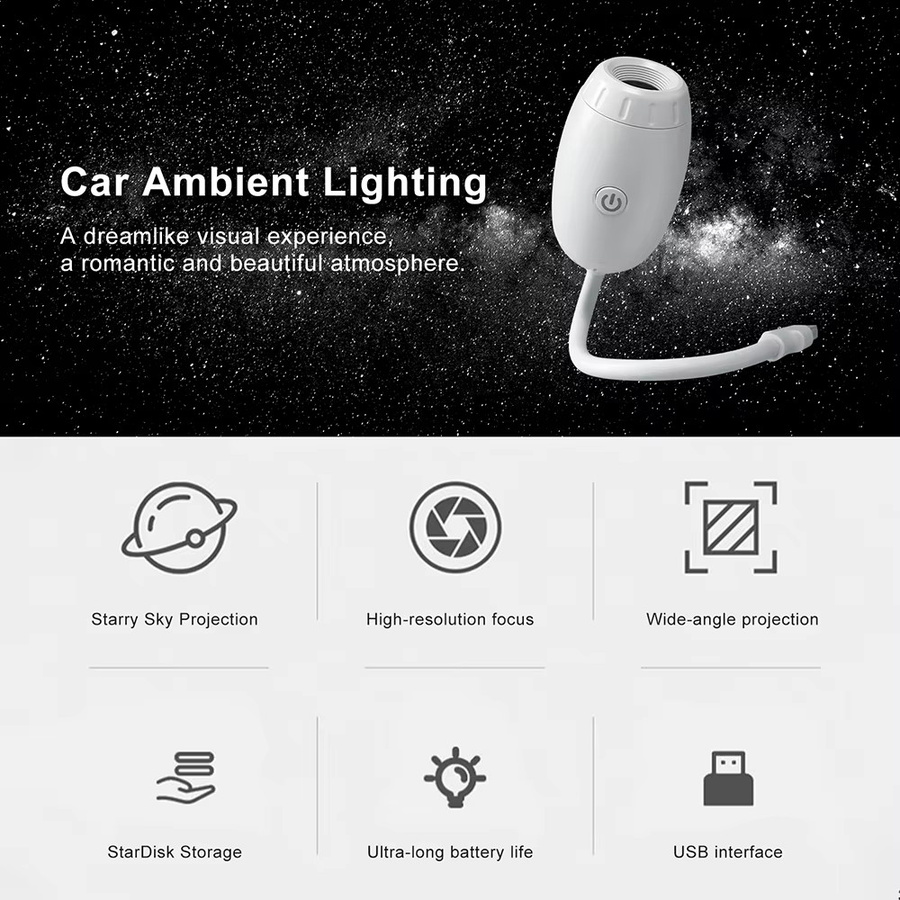 Donirt USB Auto-Ambiente-Projektor LED Sternenhimmel-Licht für Auto-Innenraum mit Saturn-Galaxie-Effekt in Schwarz und Weiß - Bild 2