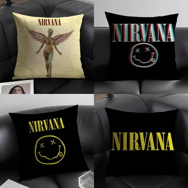 N-NirVana Band-Kissenbezug aus Bio-Leinen in Beige und Weiß mit doppelseitigem Grafikdruck - Bild 1