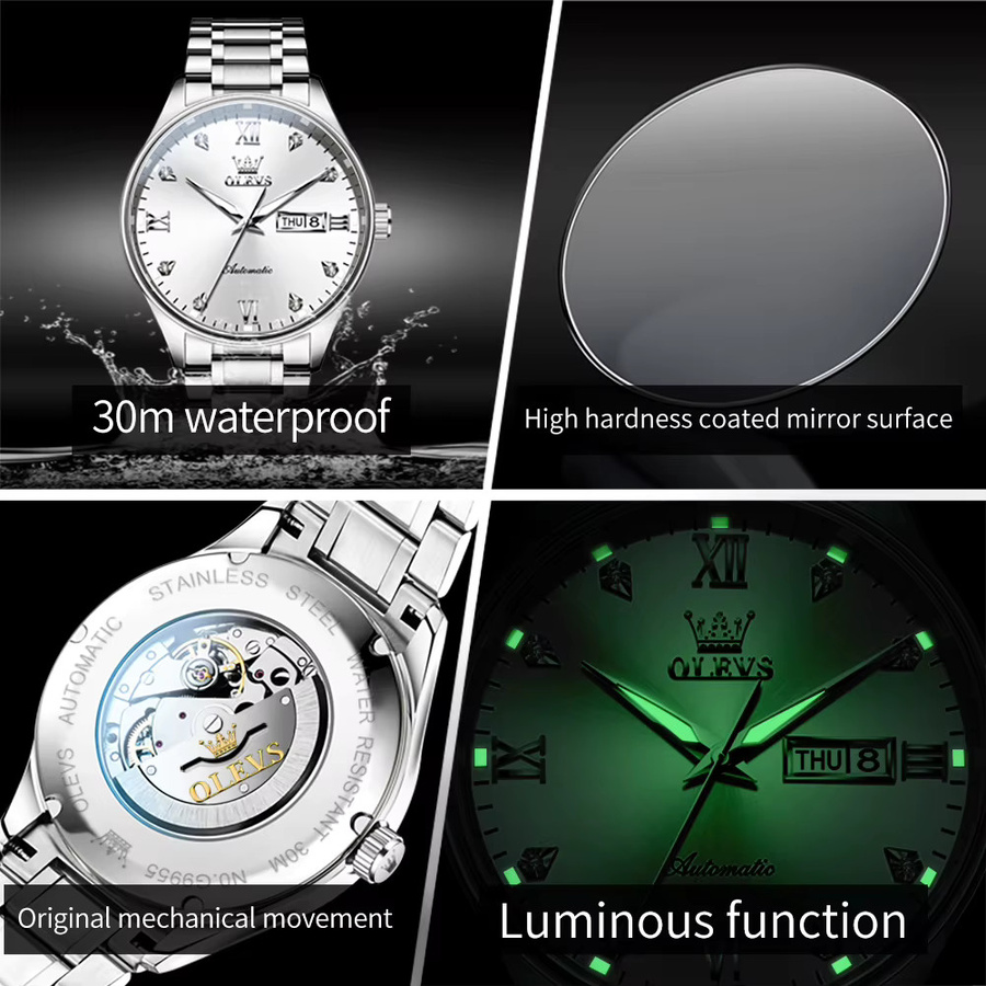 OLEVS Armbanduhr Automatik, Edelstahl, Silber, Diamant, Herren - Bild 5