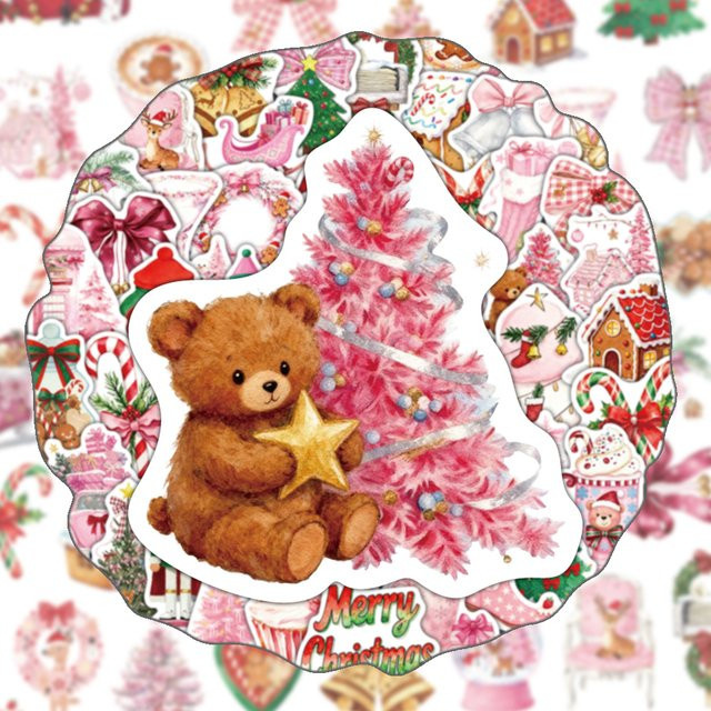 50 Stück Weihnachts Aufkleber im Cartoon-Design in Rosa zur Dekoration von Geschenken, Tassen und Alben - Bild 1