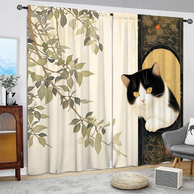 2er-Set dekorative Vorhänge mit Kuh- und Katzen-Print in Beige, halbtransparent, Breite: 52,5 cm, Höhe: 116 cm - Bild 1