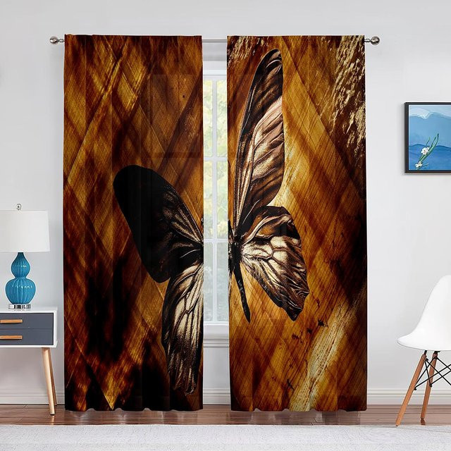 Transparente Voile Vorhänge mit Blumen Schmetterling und Bienen Motiv von Super Six, Brauner Tüll Fenstergardine mit Ösen, Breite: 100 cm, Höhe: 250 cm - Bild 1