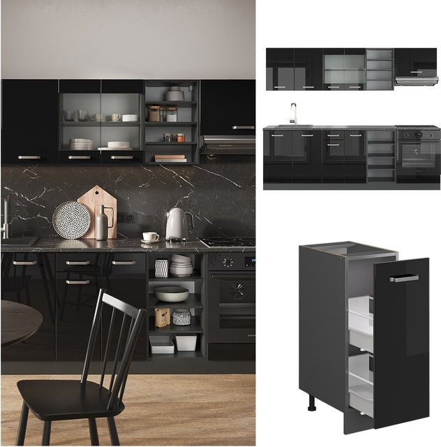 Vicco Küchenzeile R-Line Solid in Anthrazit und Schwarz, moderne Küchenschränke mit Hochglanz-Finish, Breite: 240 cm - Bild 1