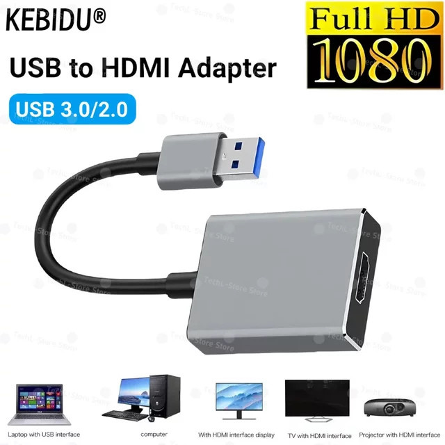 Kebidu USB 3.0 zu HDMI Adapter in Schwarz für Full HD 1080P Audio und Video Konverter für PC, Laptop und Projektor - Bild 1