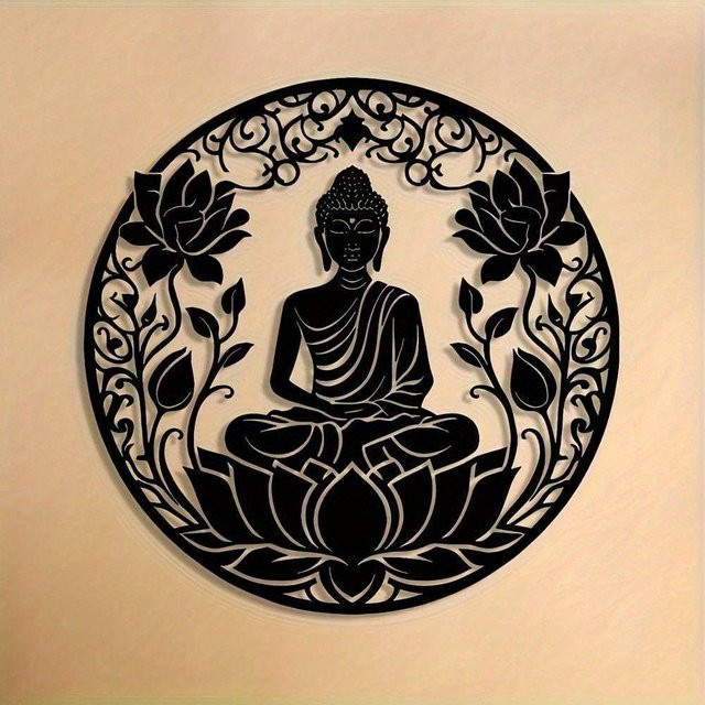Wandskulptur Zen Lotus Mind aus Metall von CIFBUY mit Buddha und schwarzem Lotus in floralem Design - Bild 1