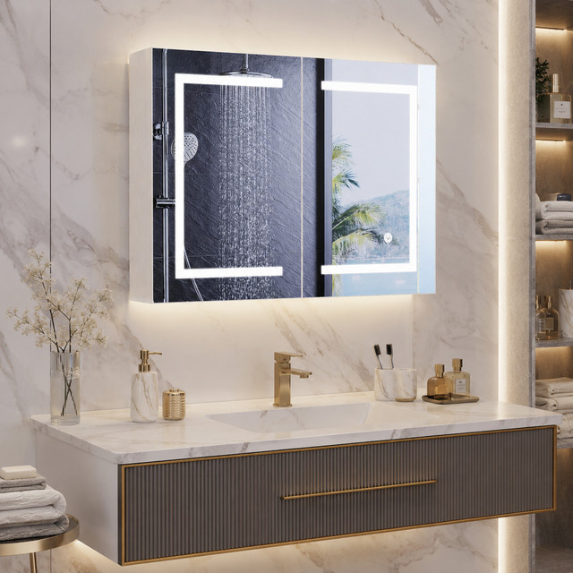 Intelligenter LED-Badezimmerspiegelschrank von HYNHXBP in Weiß, wandmontierter Spiegelschrank mit dreifarbiger Beleuchtung, Antibeschlag-Funktion und Memory-Funktion - Bild 1