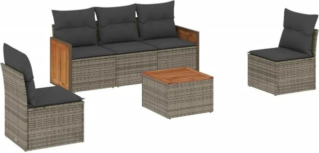 vidaXL 6-teilige Garten-Sofagarnitur aus Polyrattan in Grau mit Tisch und Kissen - Bild 1