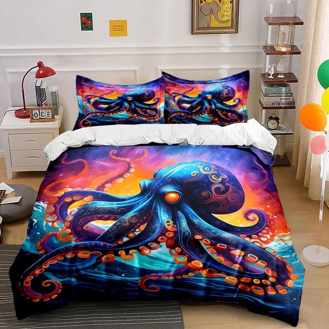 Flylo Bettwäsche-Set mit Tintenfisch-Gemälde, 3-teilig, Mehrfarbig, B/H: 135 x 200 cm - Bild 1