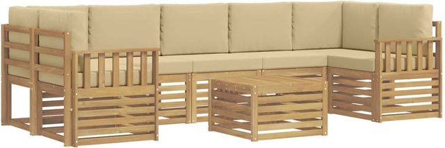 vidaXL 8-tlg. Outdoor-Sofagarnitur in L-Form aus Akazienholz mit Kissen in Weiß und Beige - Bild 1
