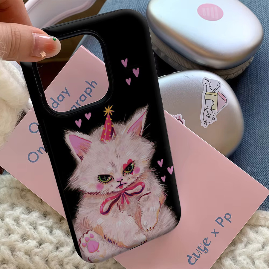 Potdemiel Handyhülle mit Rosa Herz und Kätzchen Design für iPhone 17 16 15 14 13 12 Pro Max Plus mit doppelschichtiger Rückseite in Pink und Schwarz - Bild 5